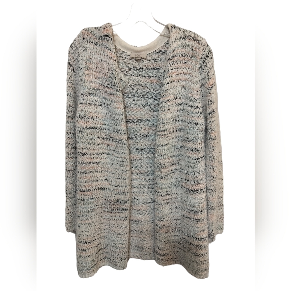 (1465)LOFT Women's White Fuzzy Knit Open Front Long Cardigan Sweater Size Large